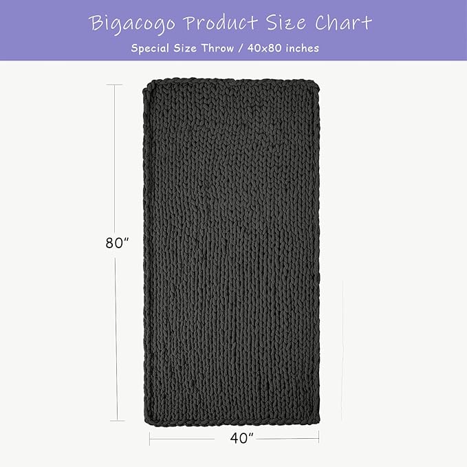 Dark grey chunky knit throw blanket size chart, 40 x 80 inches