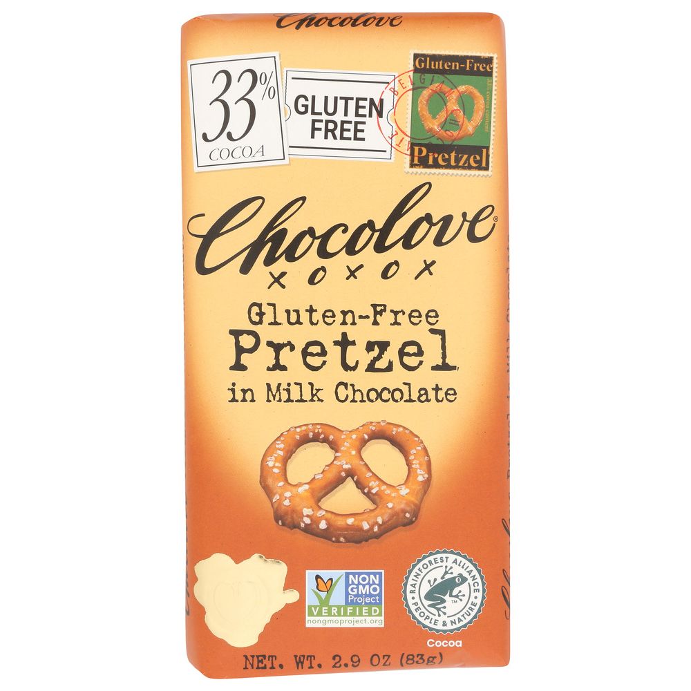 Gluten-free milk chocolate pretzel bar, 2.9 oz package with pretzel graphic