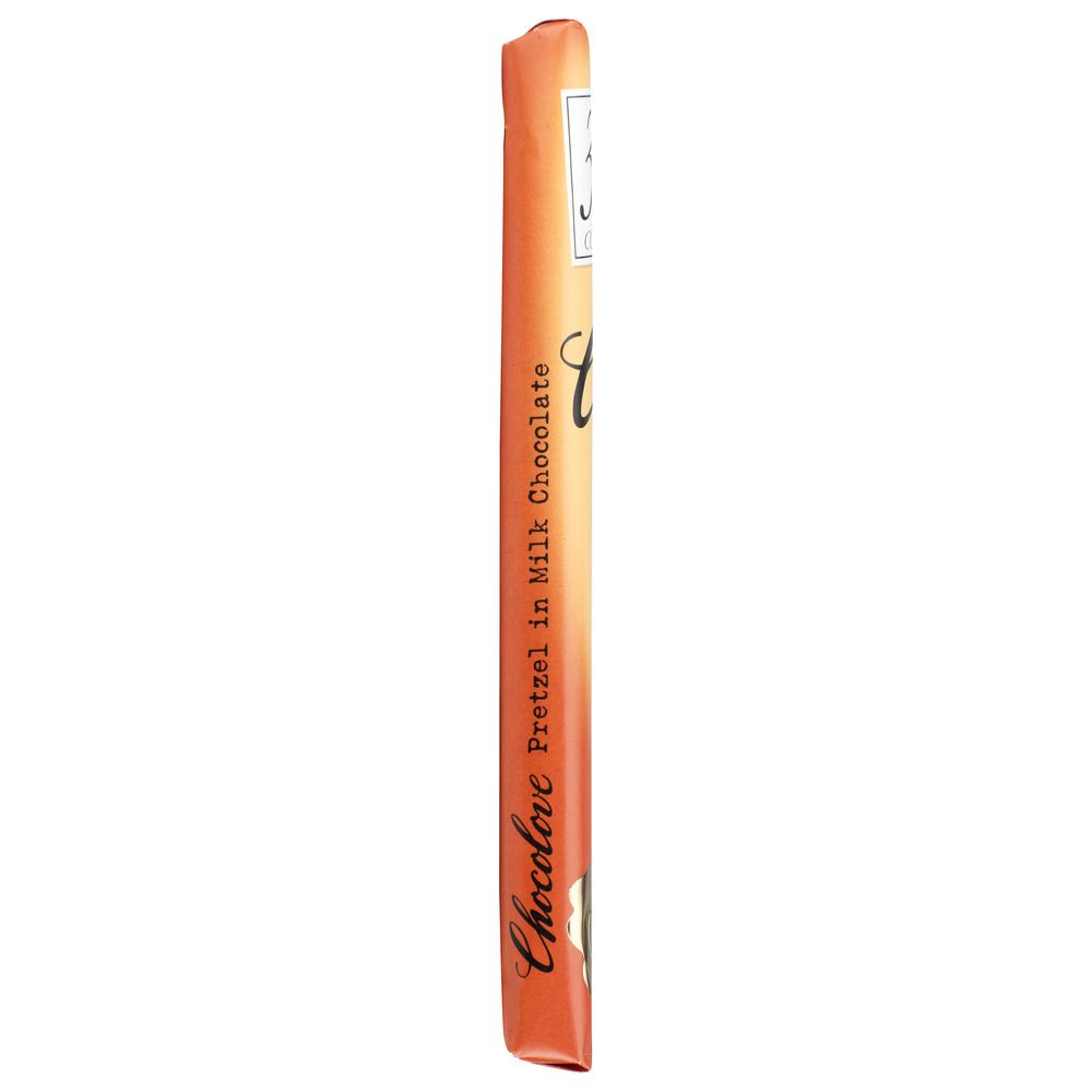 Milk chocolate pretzel bar, side view in orange wrapper with printed brand text