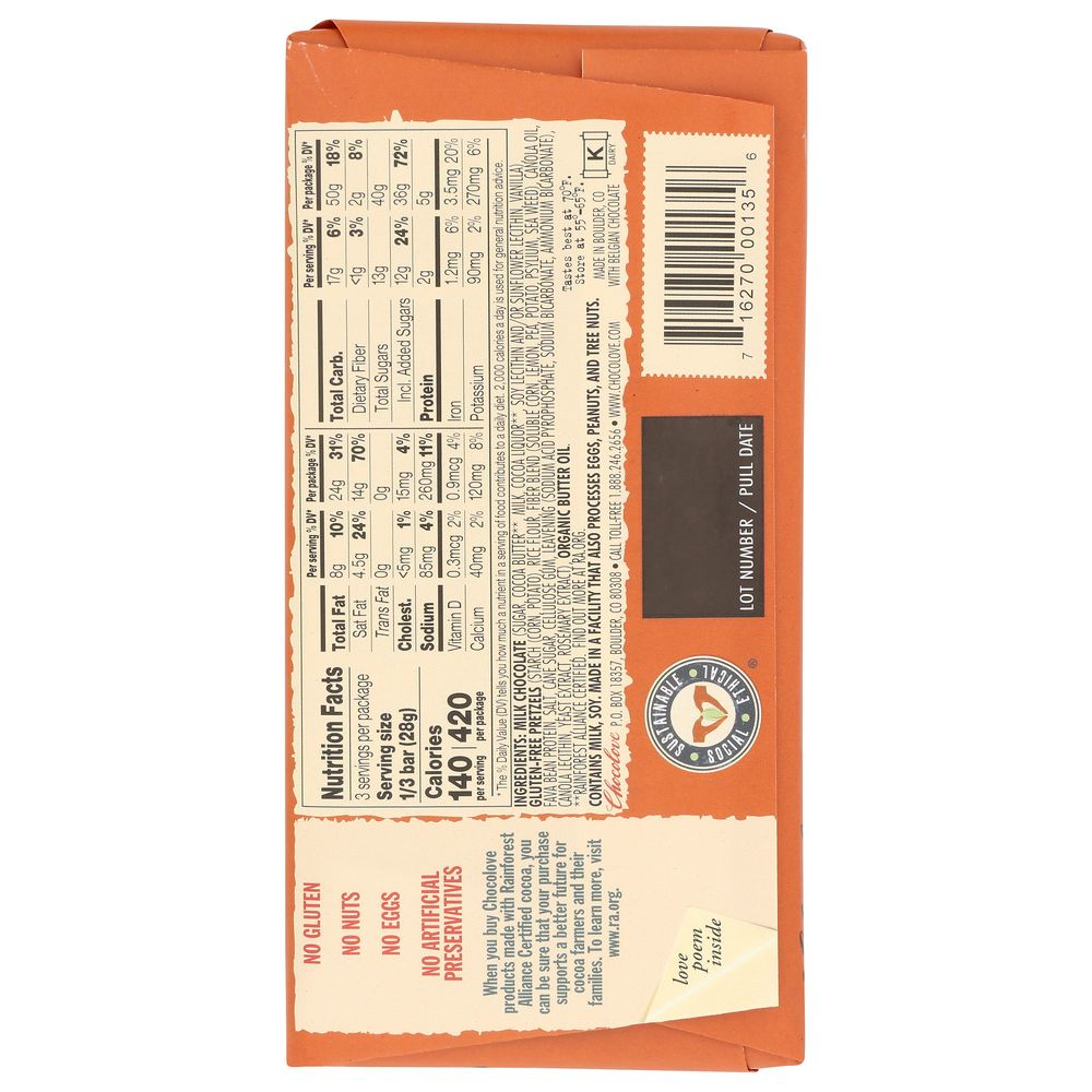 Milk chocolate pretzel bar, back panel with nutrition facts and ingredient text