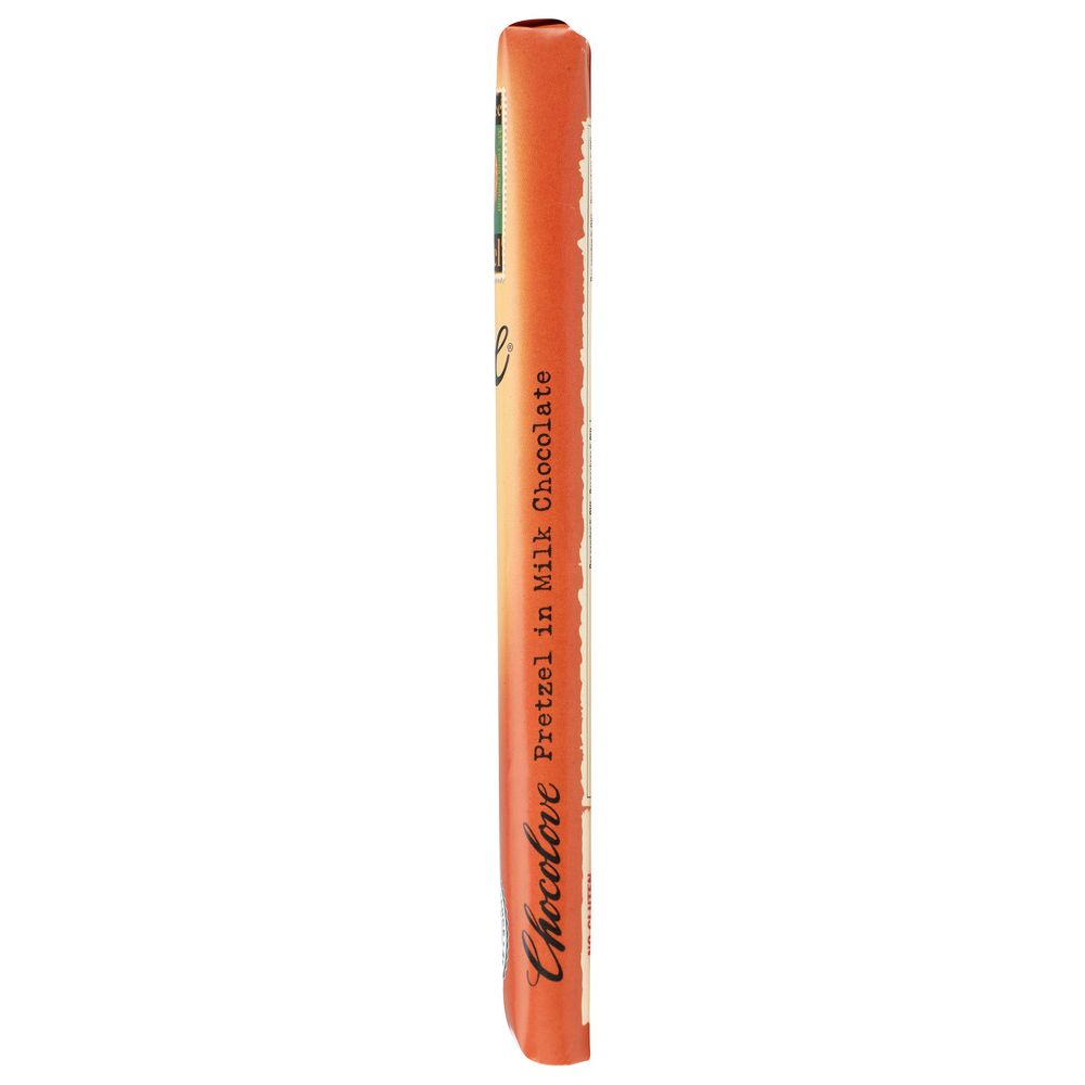 Milk chocolate pretzel bar, side wrapper with script branding and product details