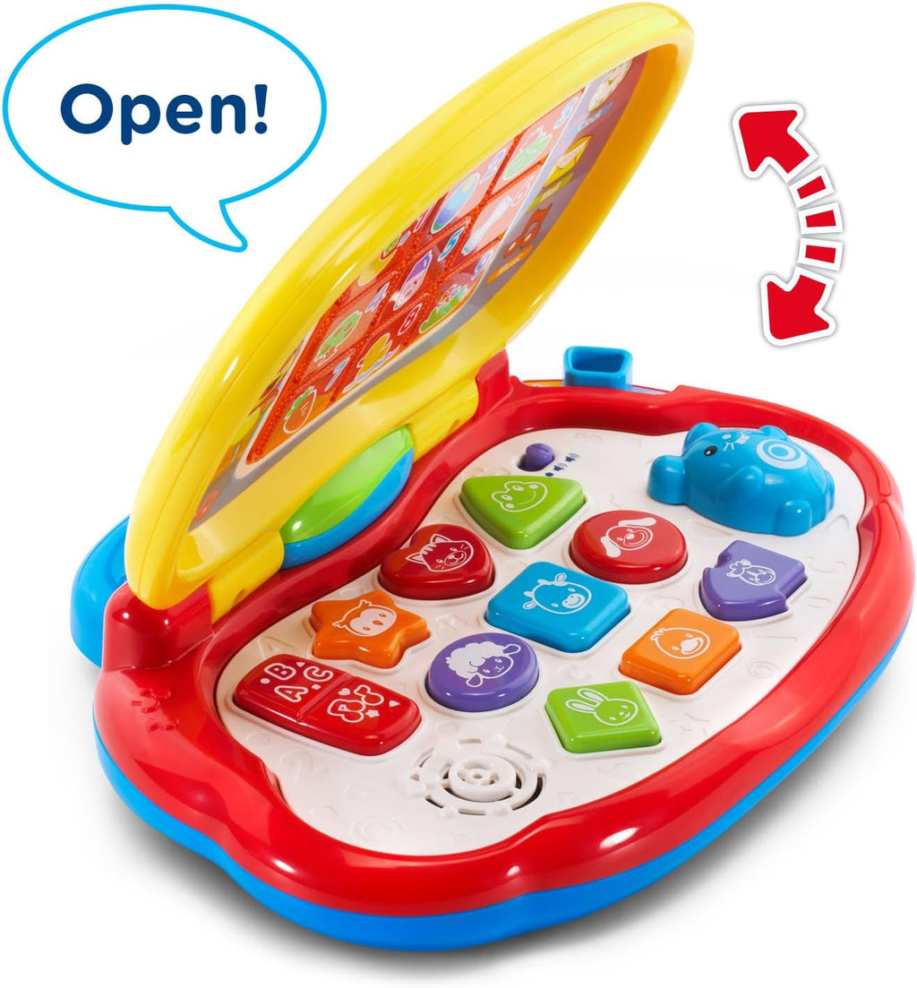 Open blue toddler laptop showing colorful buttons on a white keyboard tray