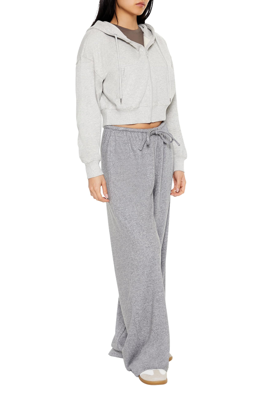 Dark grey high-rise knit pants with drawstring waist and wide leg