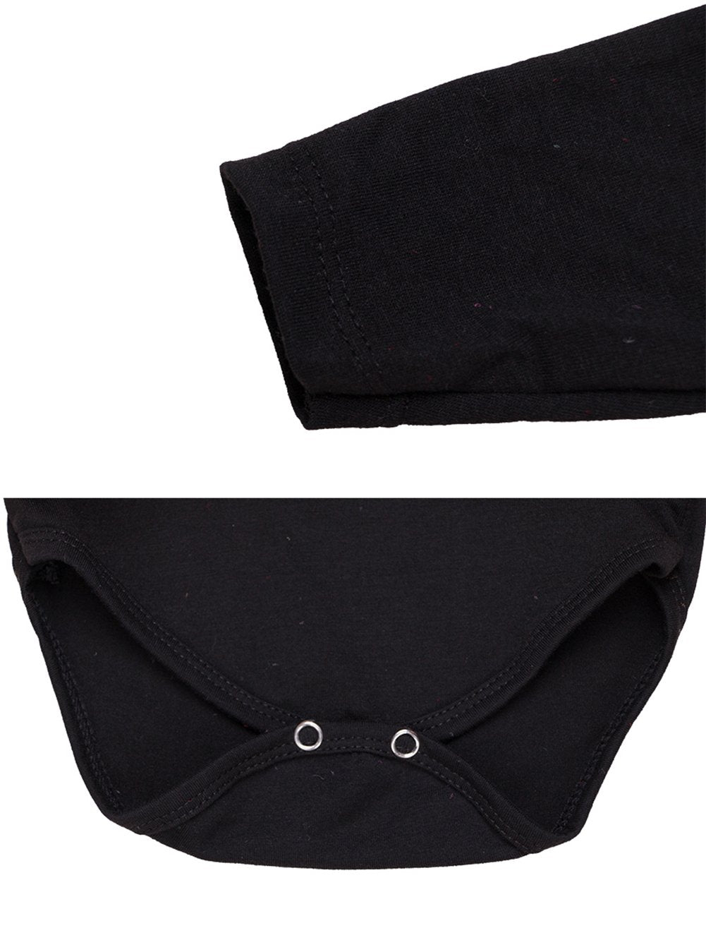 Infant black snap-crotch romper bodysuit with two metal snaps at the leg opening
