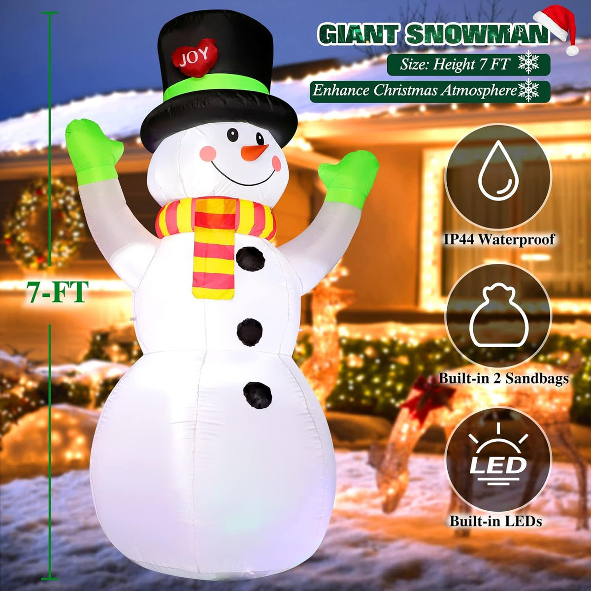 White inflatable snowman with black top hat and striped scarf, round button details, raised arms