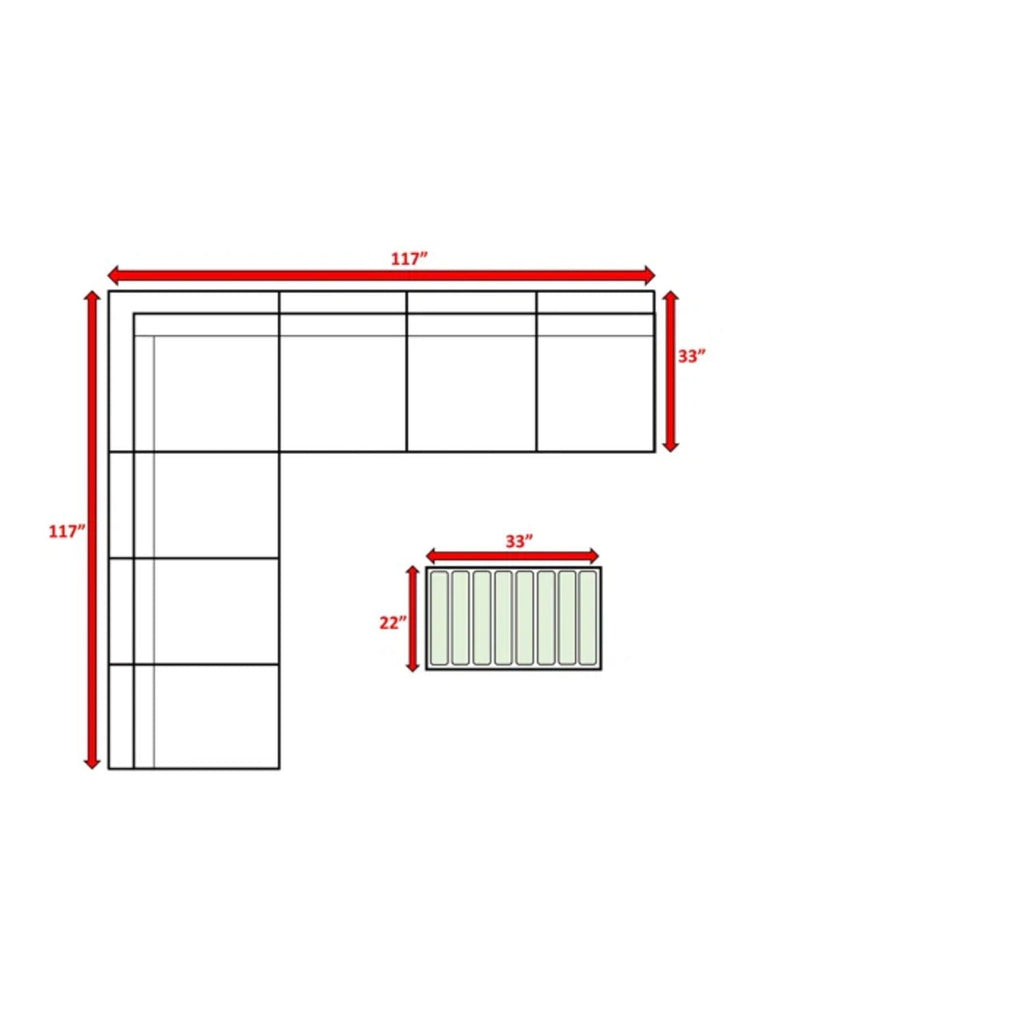 Sectional sofa layout diagram with table and size measurements