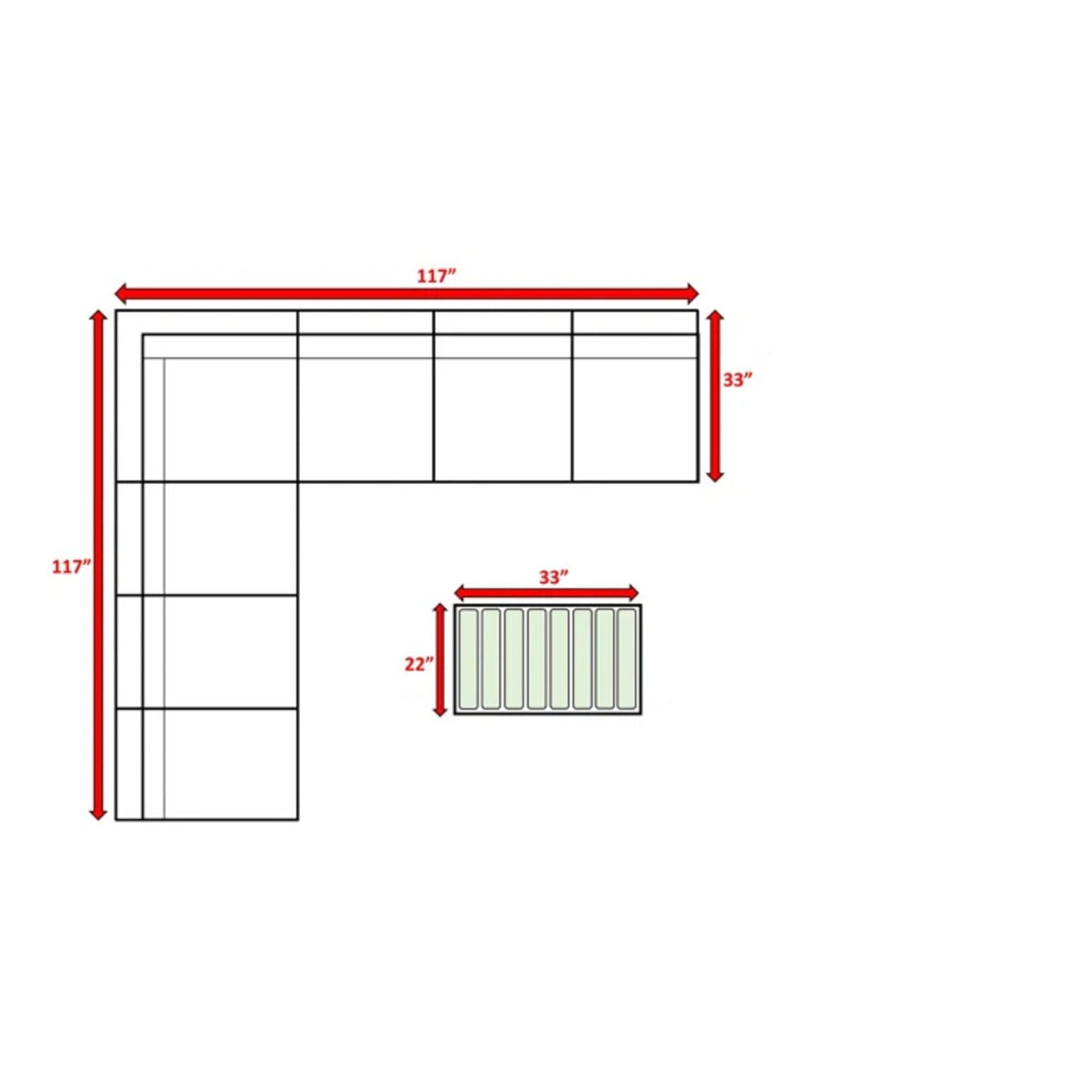 Sectional sofa layout diagram with table and size measurements