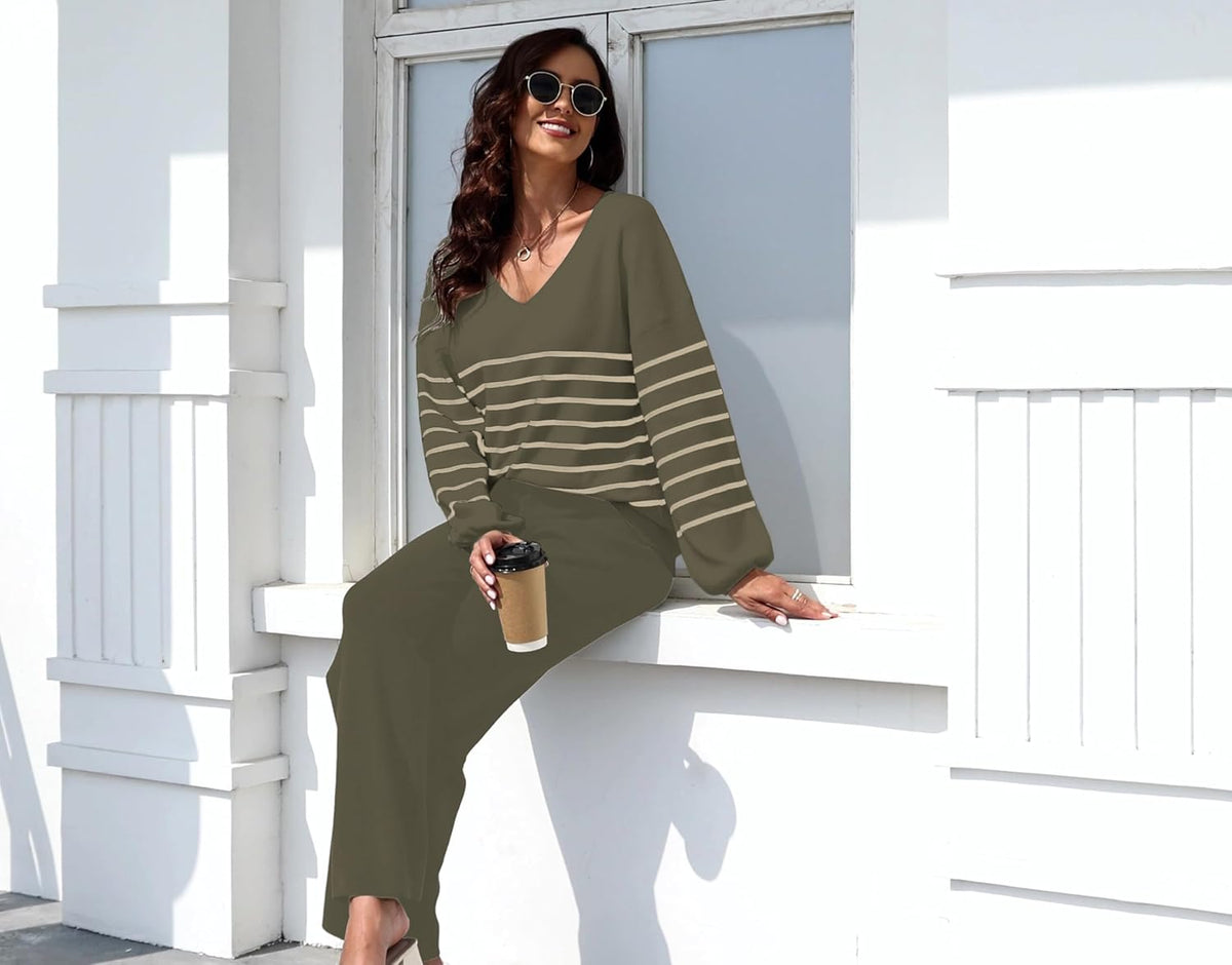 Two-piece knit lounge set in olive green: striped V-neck long-sleeve top and wide-leg pants