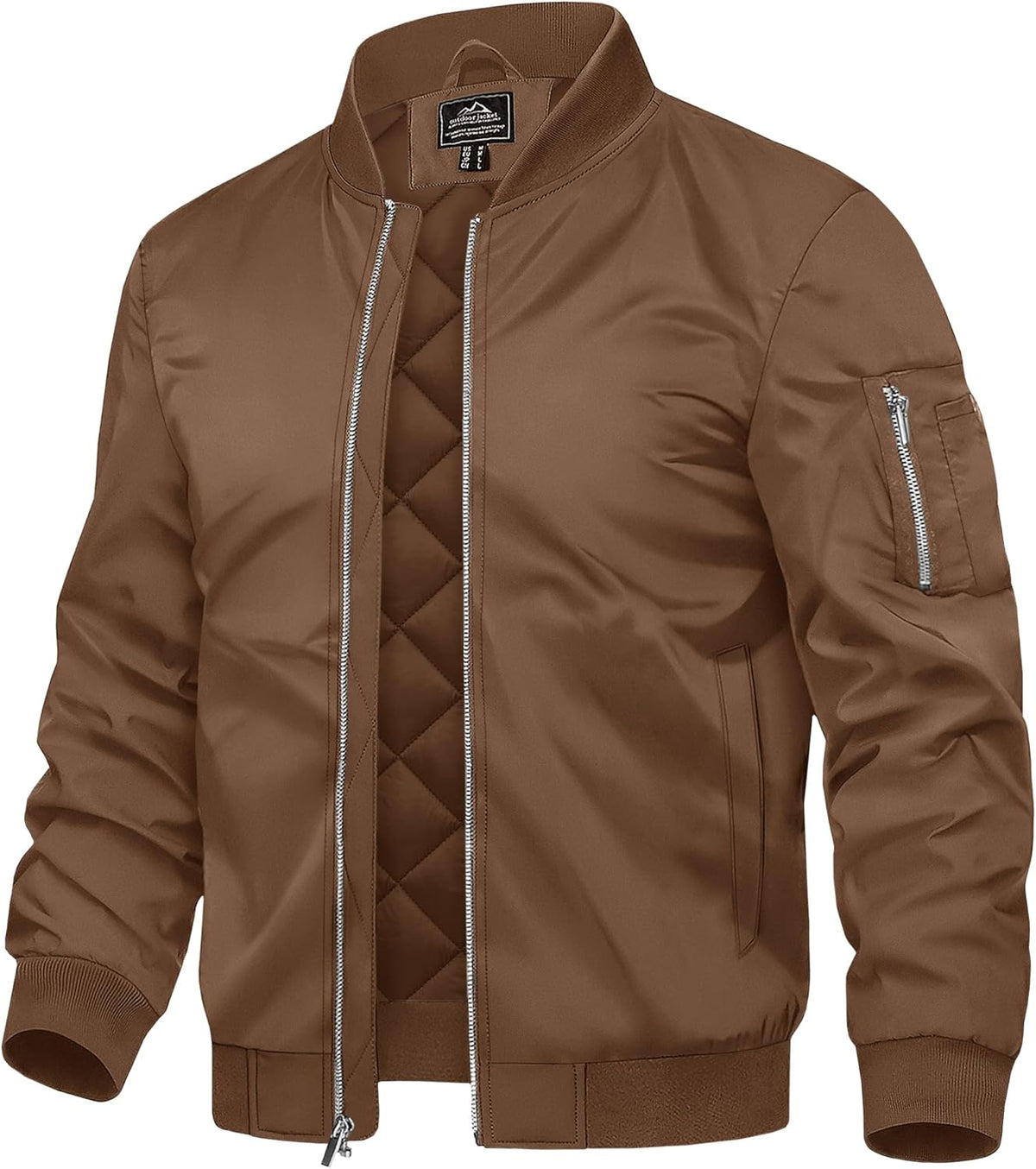Men's coffee-brown bomber jacket with stand collar, front zipper, and sleeve zip pocket