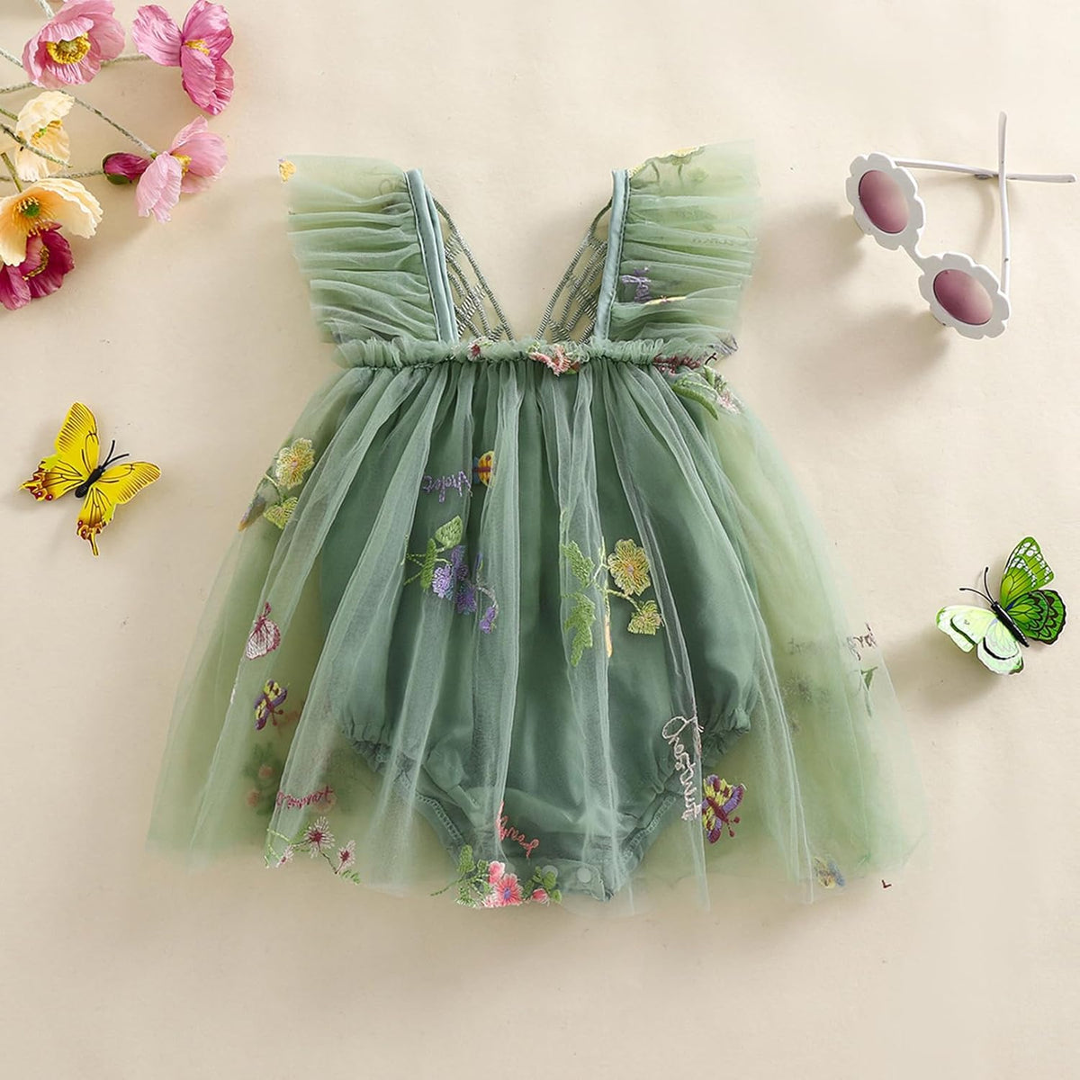 Green gathered tulle fairy romper dress with butterfly wings applique and floral accents