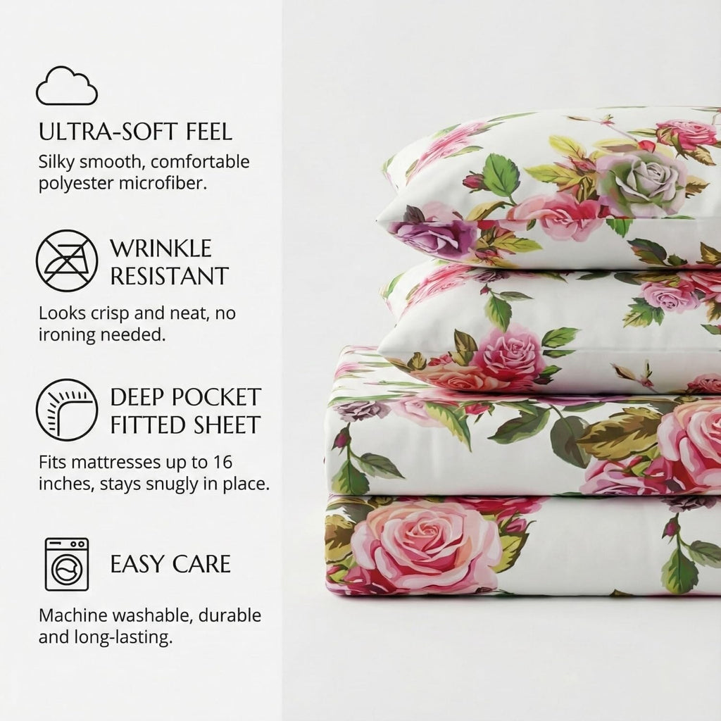 Floral sheet set with pink rose and green leaf pattern on white, stacked neatly