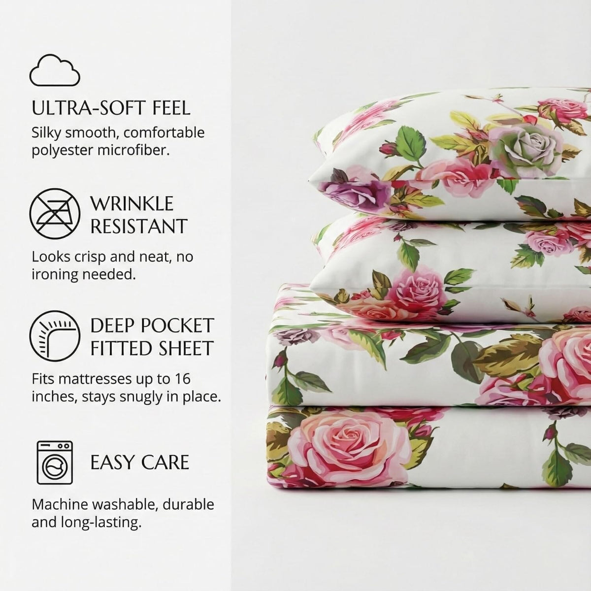 Floral sheet set with pink rose and green leaf pattern on white, stacked neatly