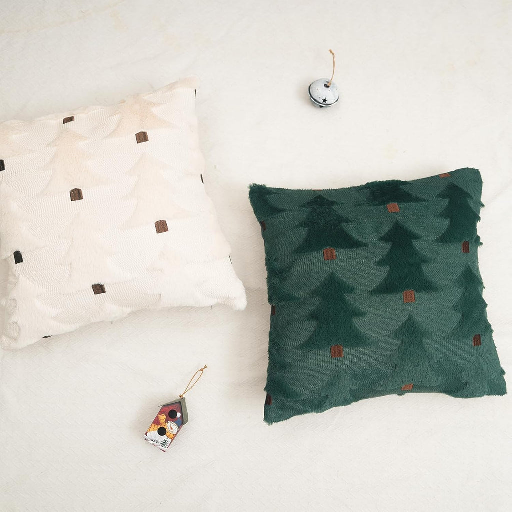 Cream-and-white Christmas pillow cover and dark green Christmas pillow cover with small tree pattern