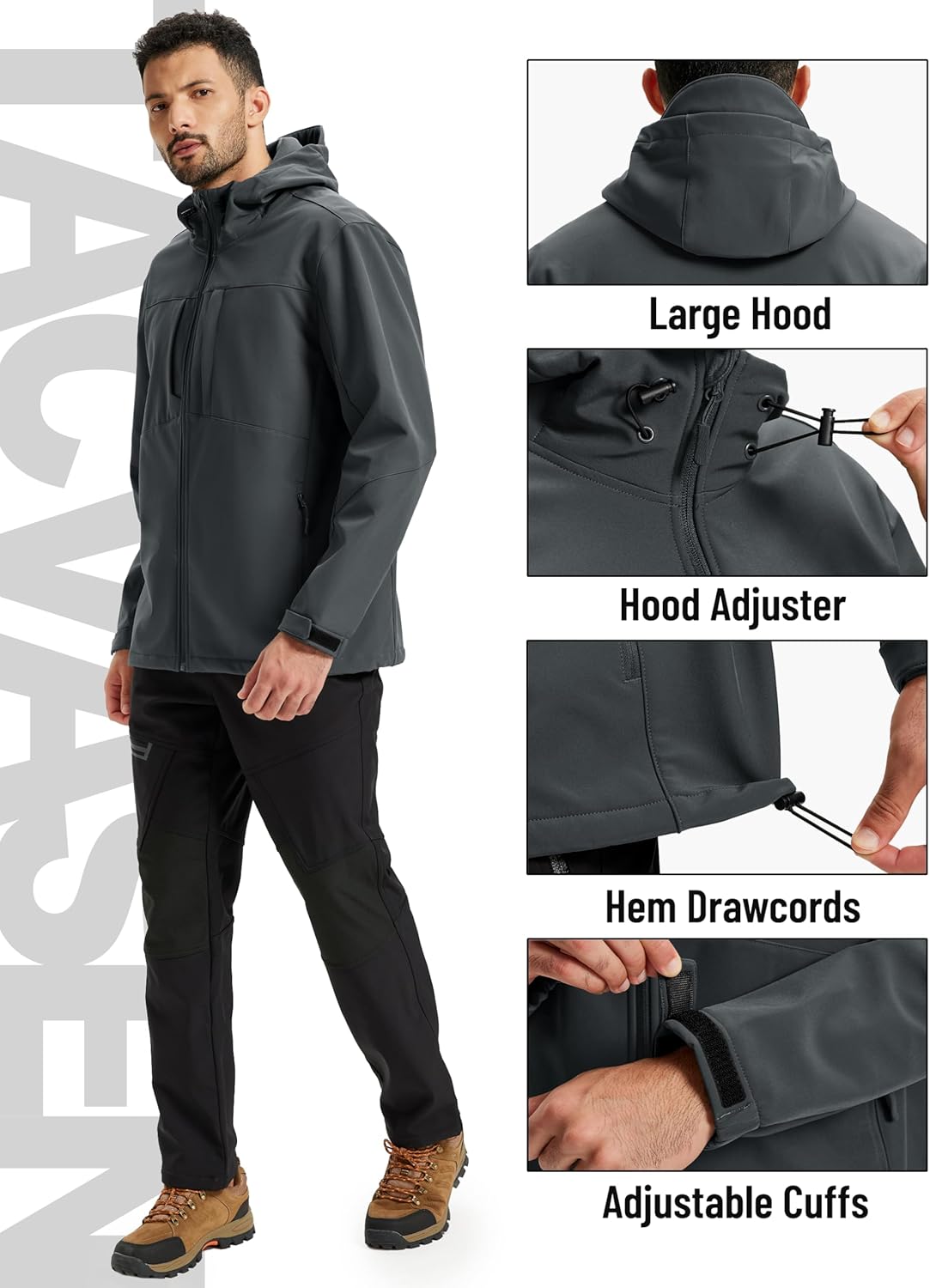 Dark gray hooded softshell jacket with drawcord hem and adjustable cuffs