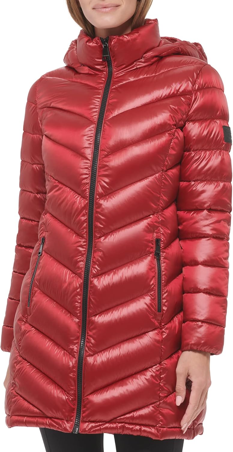 Calvin Klein women’s long red chevron puffer jacket with hood, full zip, and zip pockets