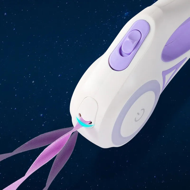 Purple LED retractable pet leash close-up showing side button and lighted control panel