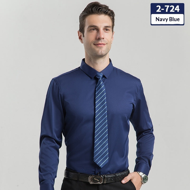Men's solid navy blue long-sleeve button-up shirt, collared with buttoned front placket