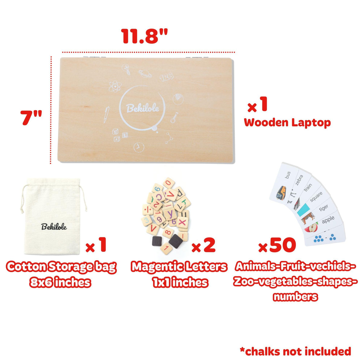 Wooden laptop set size diagram with cotton storage bag, magnetic letters, and cards