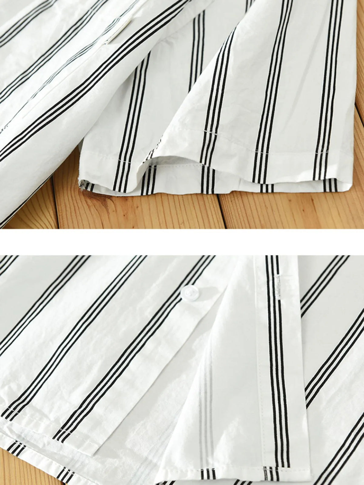 Plus-size striped short-sleeve button-up shirt hem view, white with vertical black stripes