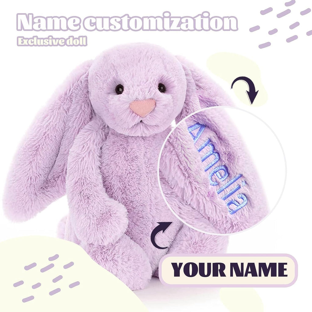 Lilac plush rabbit close-up with embroidered name on ear and belly