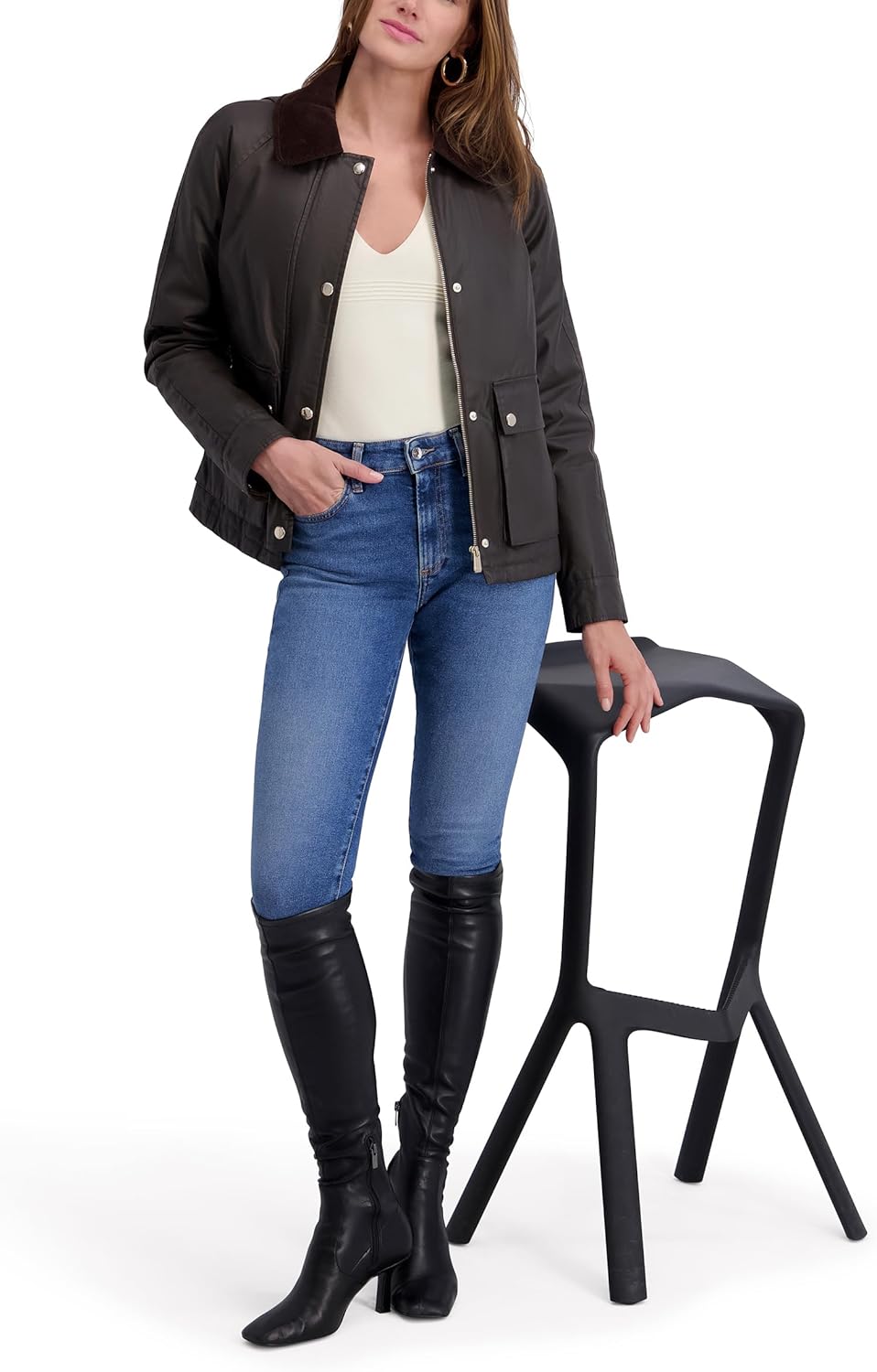 Women's waxed cotton barn jacket, chocolate brown, snap-front, two flap chest pockets
