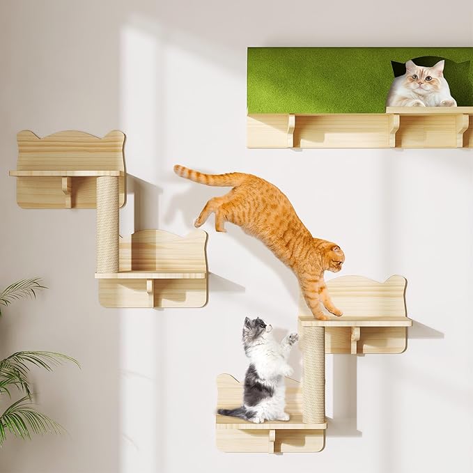 Wooden multi-level cat wall shelves with green tunnel bed and sisal rope column