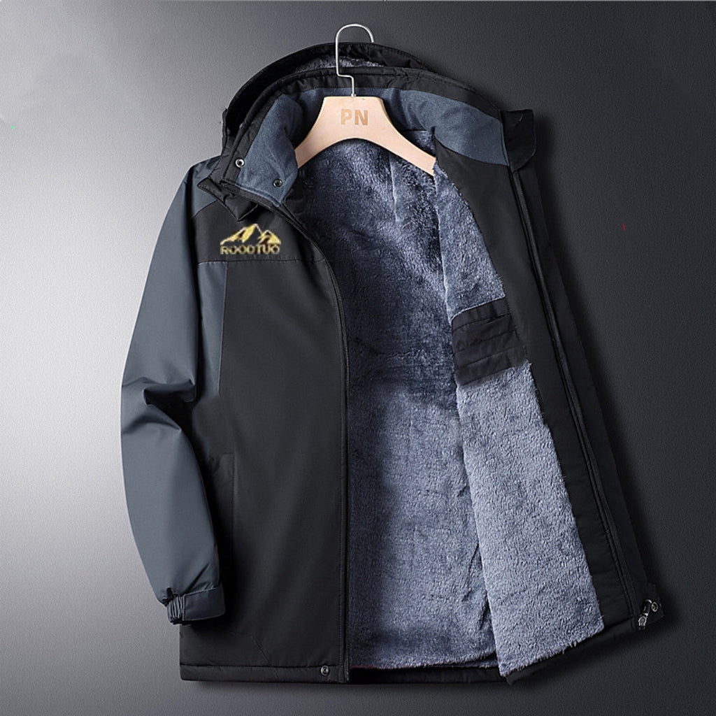 Black waterproof windproof jacket with hood, open front showing light gray inner lining