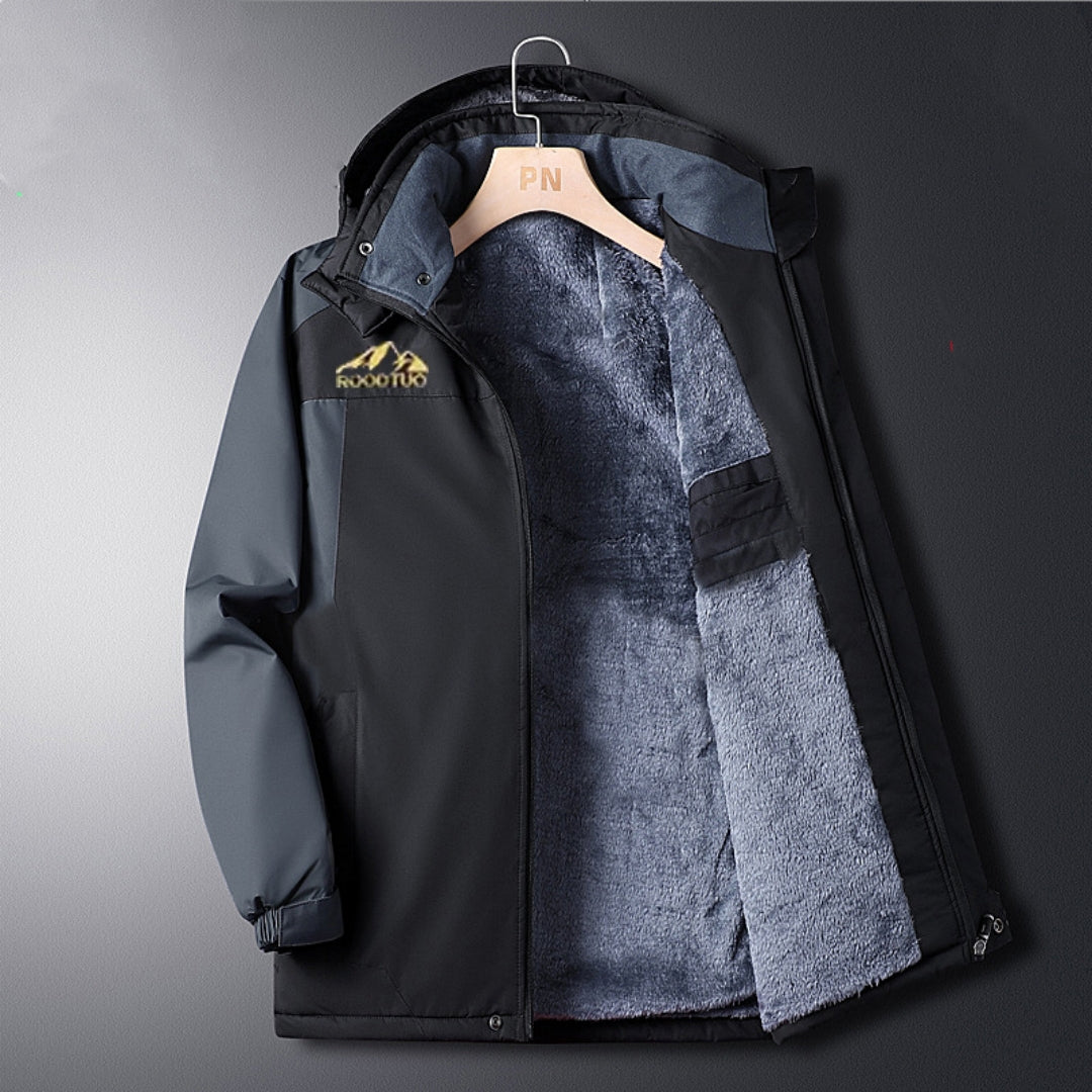 Black waterproof windproof jacket with hood, open front showing light gray inner lining