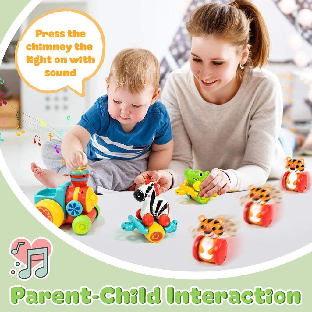 Parent and toddler playing with colorful zebra and tiger push animal train toy