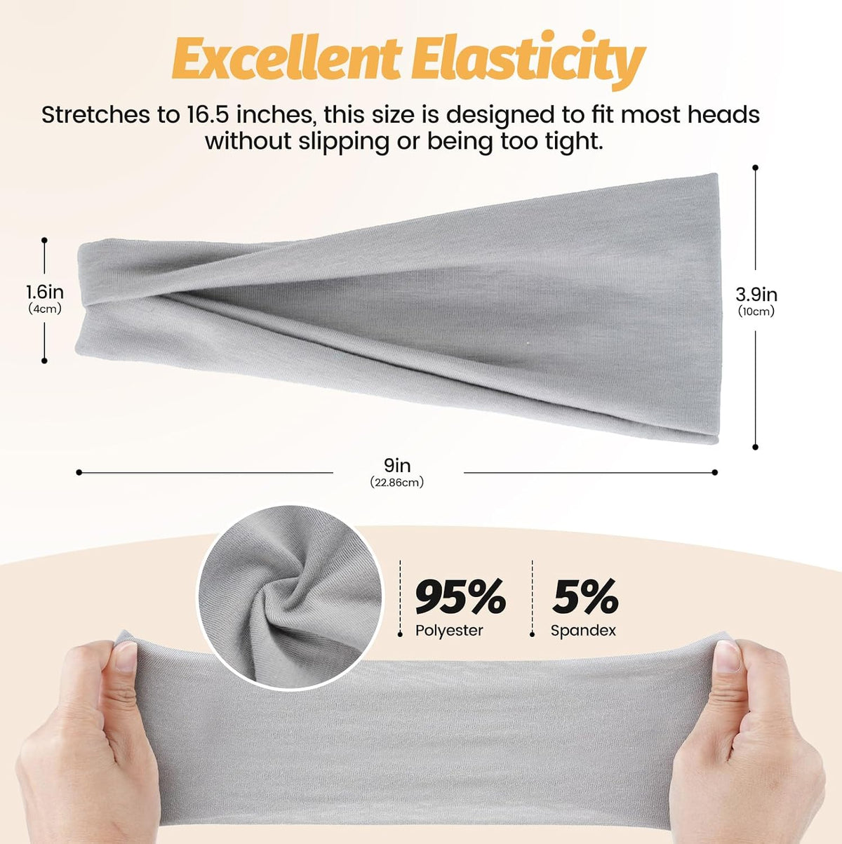 Wide stretch hair band in light gray, shown stretched