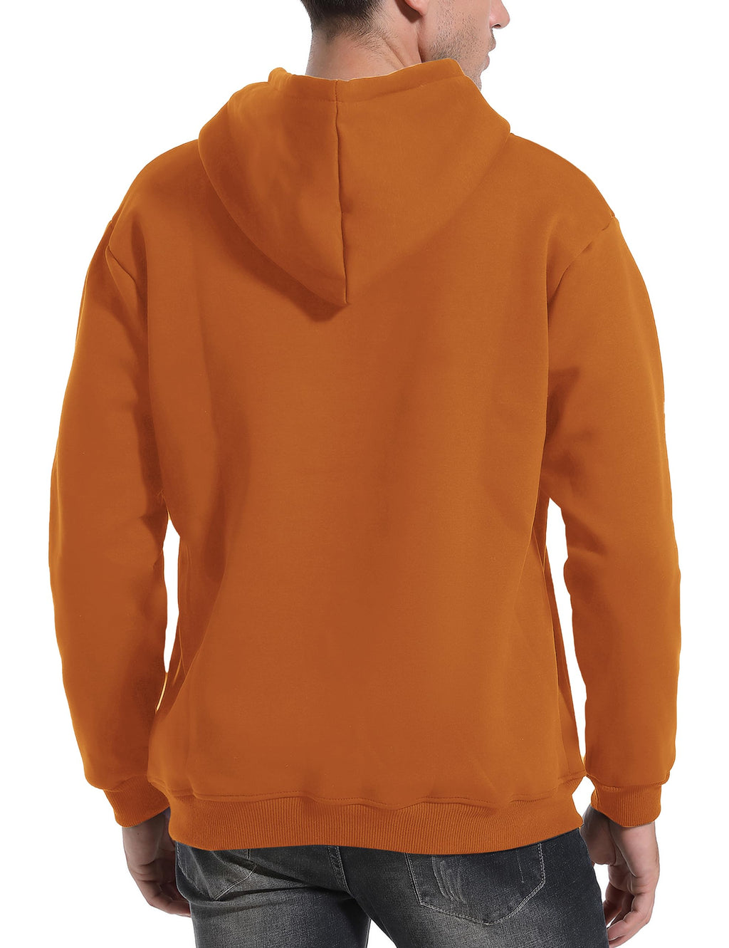 Orange pullover hoodie with hood, long sleeves, and kangaroo pocket; back view.