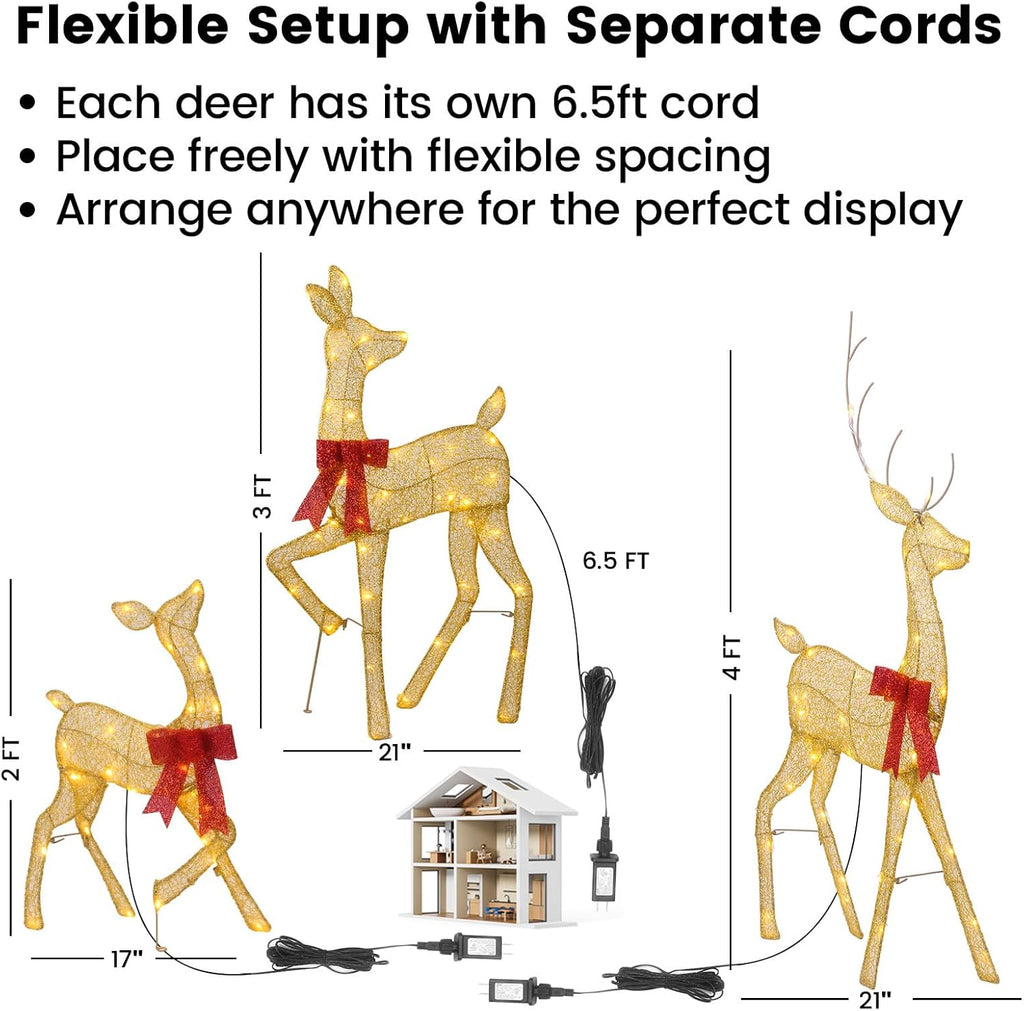 Gold glitter reindeer figures with separate plug-in cords for flexible outdoor placement