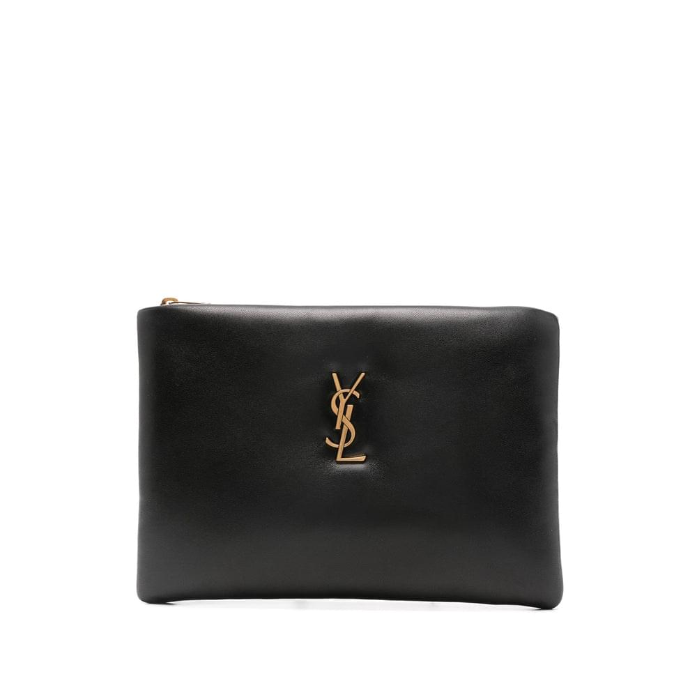 Black leather clutch bag with gold YSL logo on front