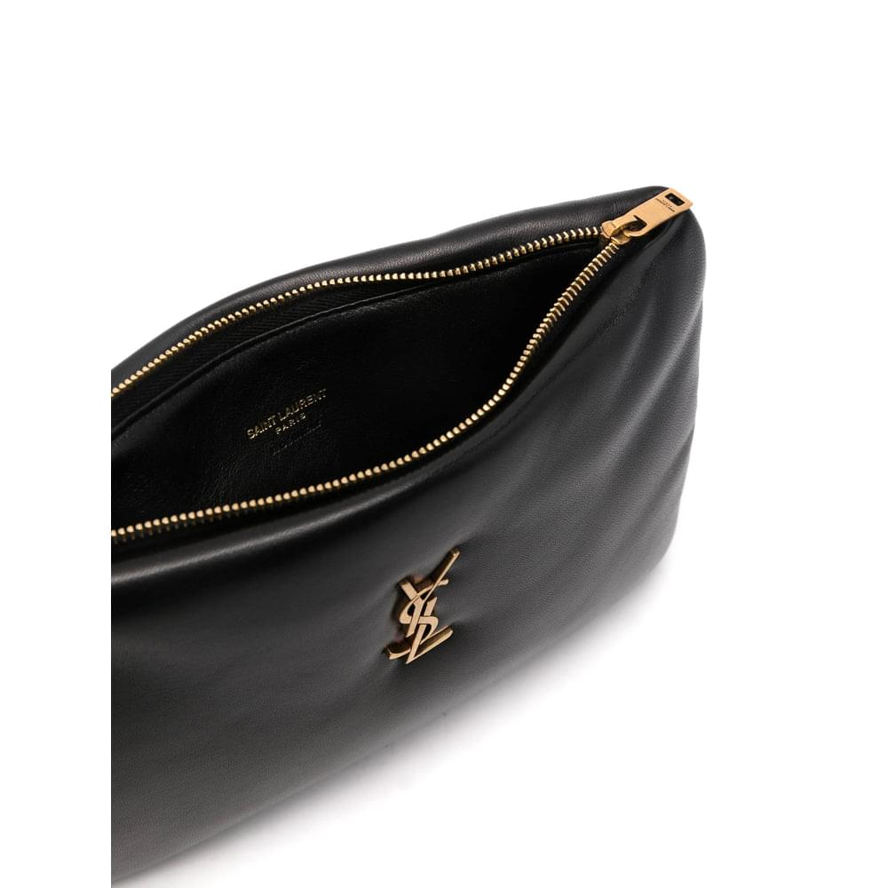 Black leather clutch bag with gold-tone YSL logo and zip-top opening