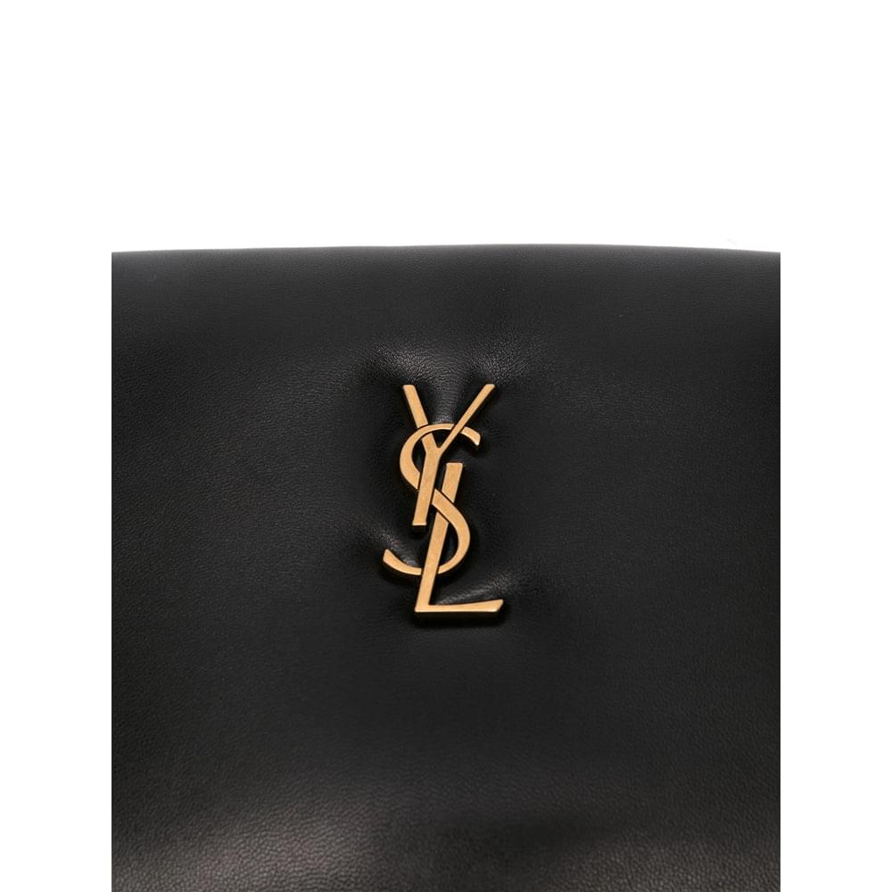 Black leather clutch bag with gold YSL monogram on front panel