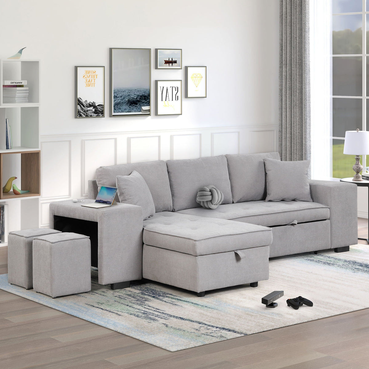 Convertible L-shape sectional sleeper sofa with storage chaise, light gray upholstery