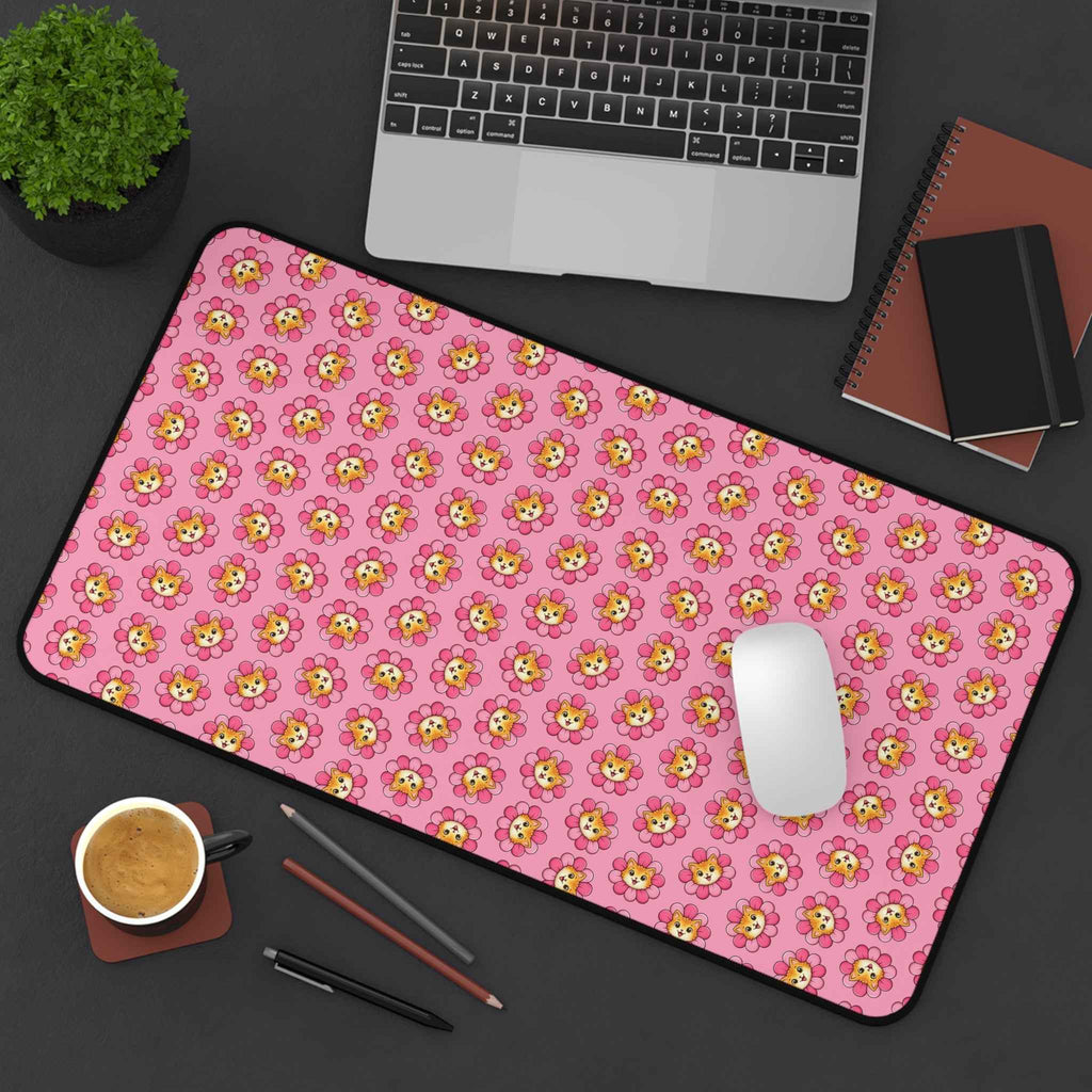 Pink desk mat with repeating cats, black border, rounded corners, mouse cutout