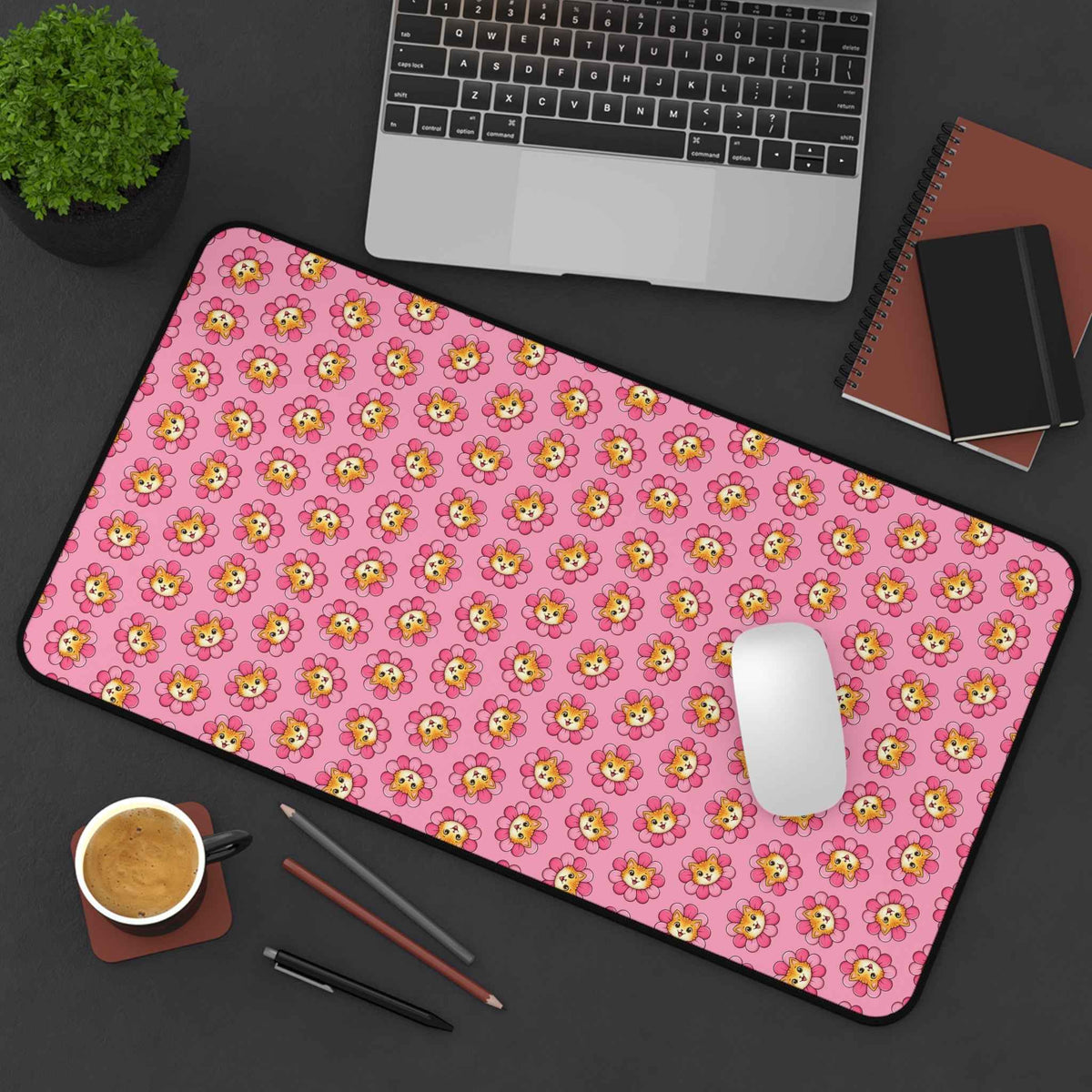 Pink desk mat with repeating cats, black border, rounded corners, mouse cutout