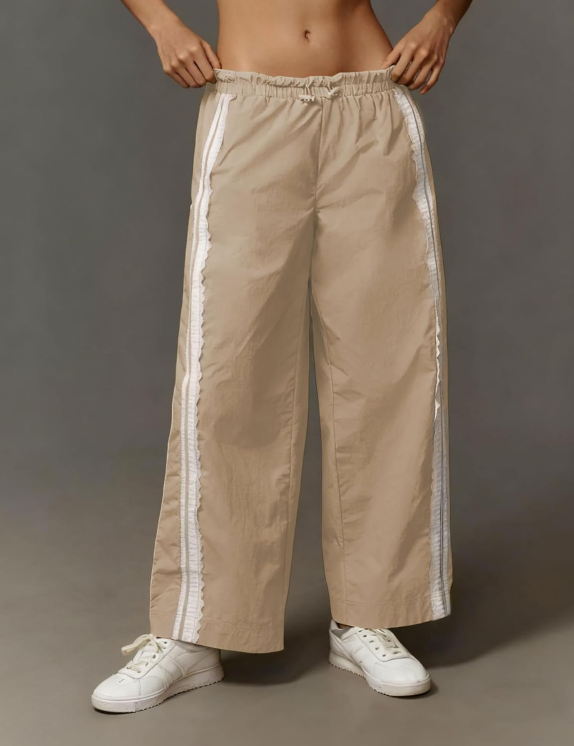Women's khaki wide-leg track pants with lace-trim side stripe and elastic waistband