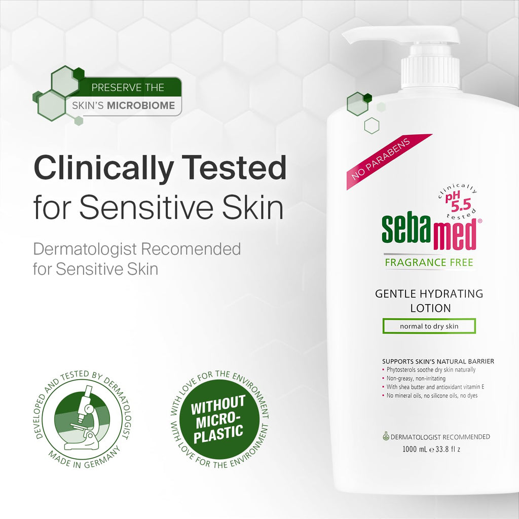 Sebamed SPF 50+ fragrance-free gentle hydrating lotion bottle with tested badges