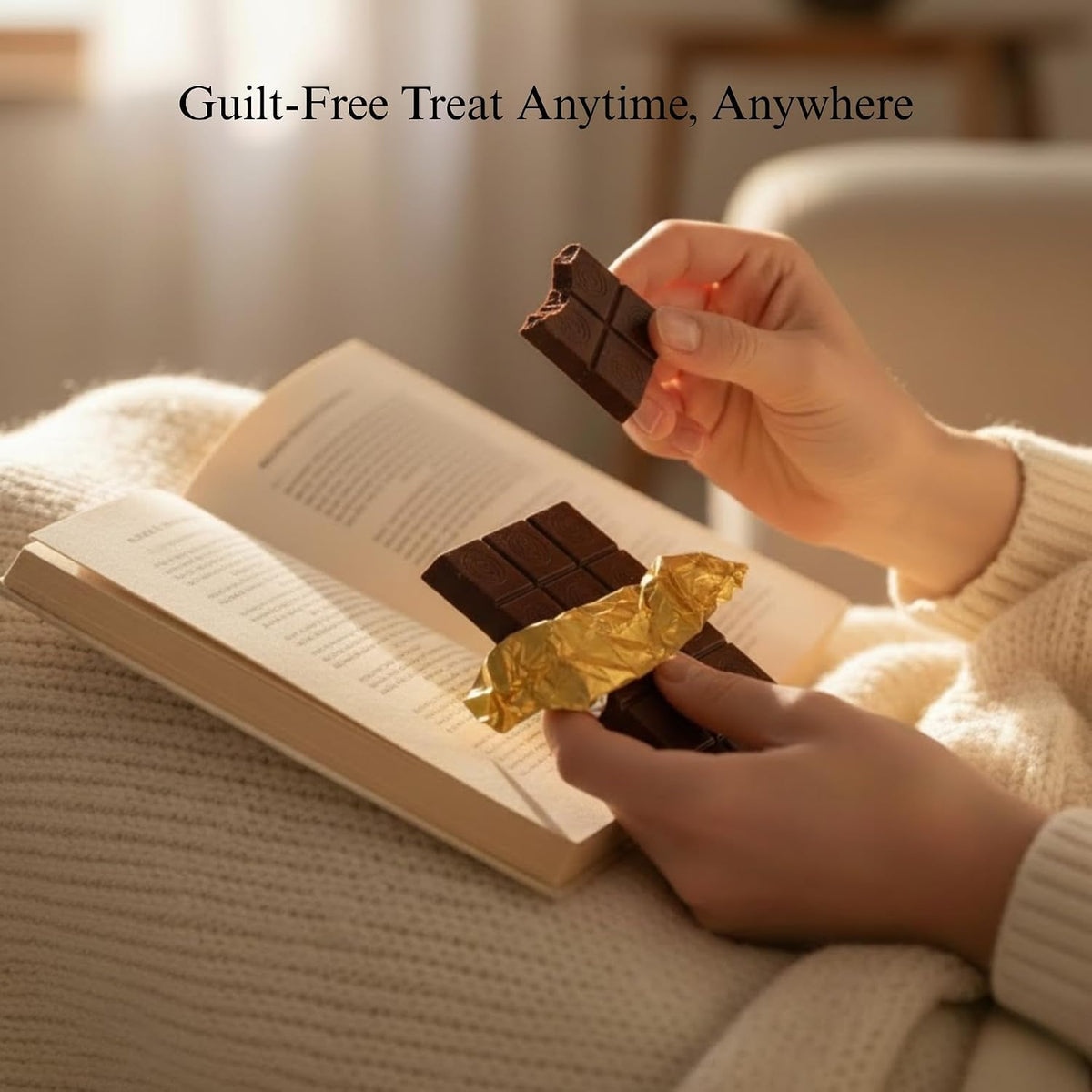 Dark chocolate bar squares in hand with foil wrapping while reading a book