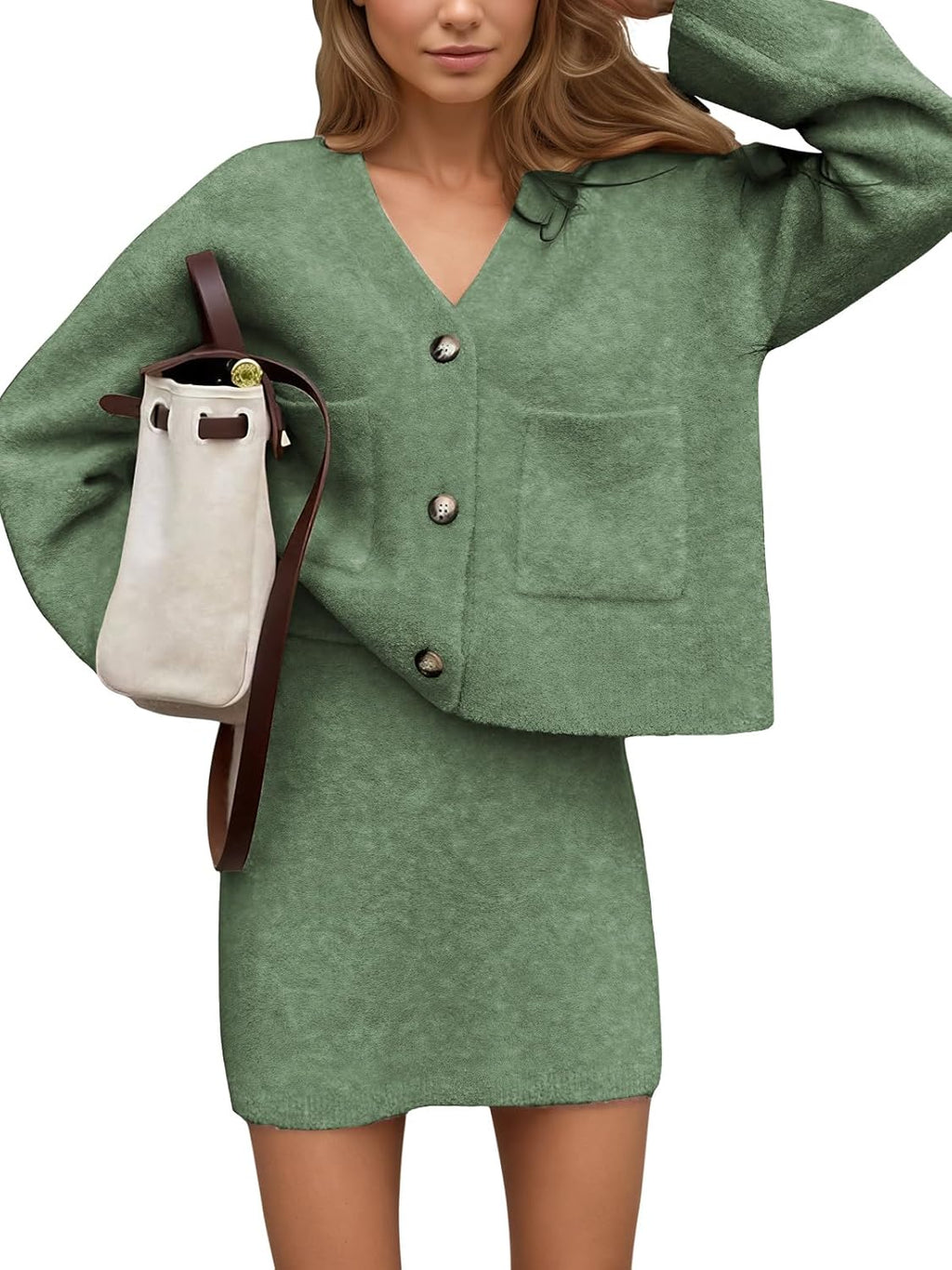 Dark green knit cropped cardigan set with V-neck buttons and matching mini skirt