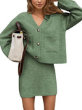 Dark green knit cropped cardigan set with V-neck buttons and matching mini skirt