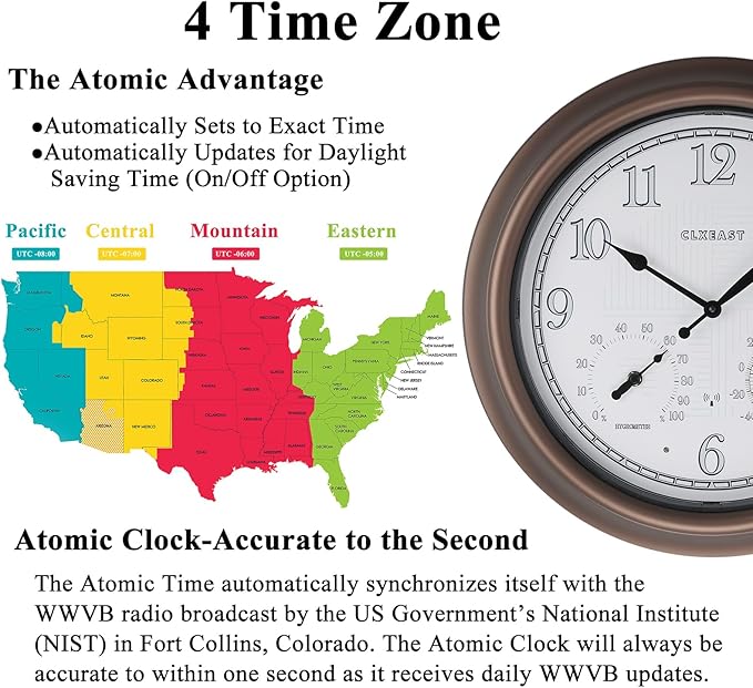 Bronze atomic analog wall clock showing time with temperature and humidity indicators
