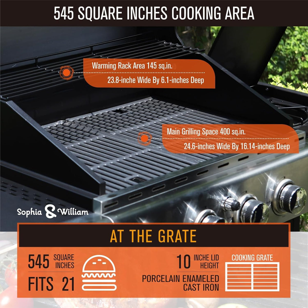 Porcelain-enameled cast iron grill grates with warming rack over main cooking area