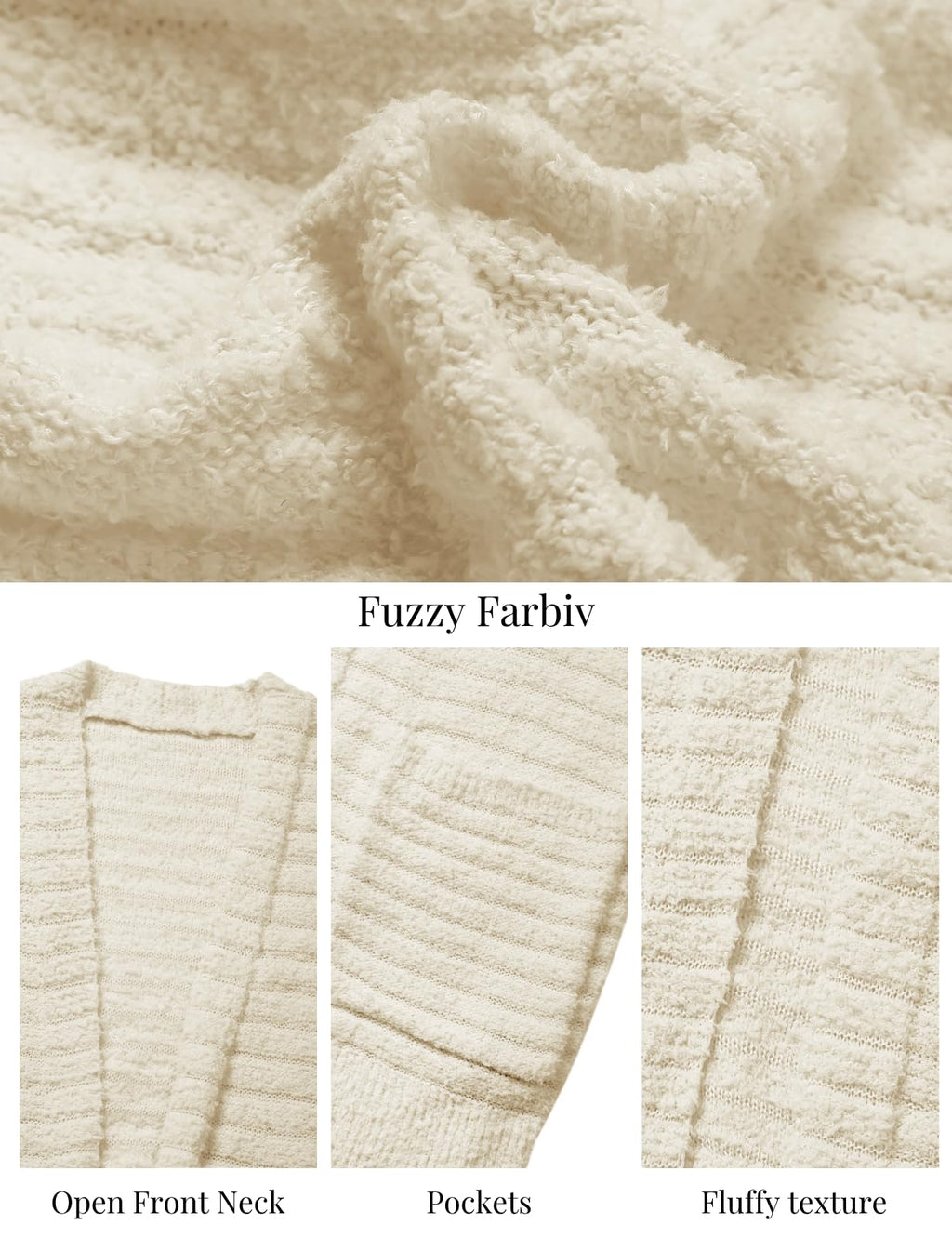 Beige fuzzy knit cardigan fabric close-up showing open front neck and pockets