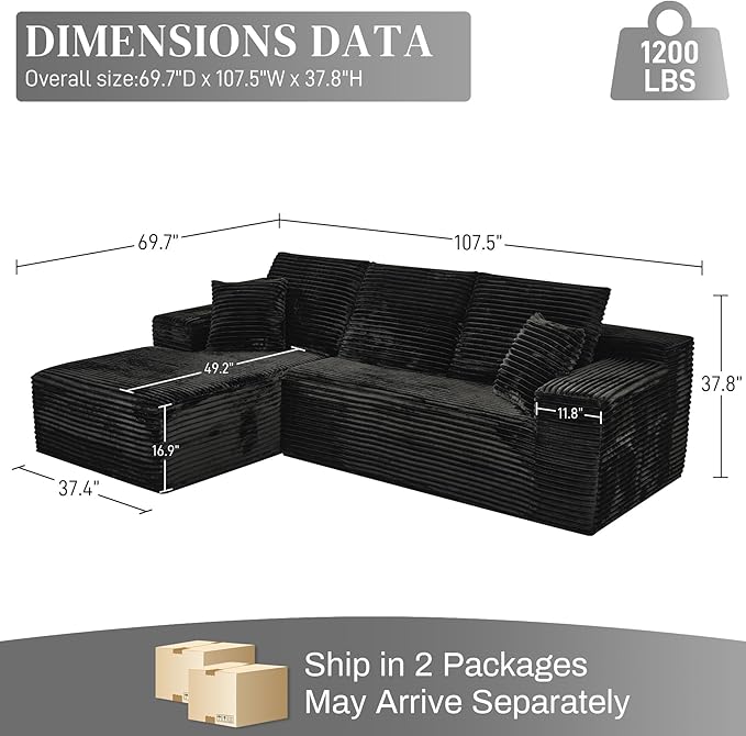 Black corduroy sectional sofa with right chaise, shown in a layout diagram