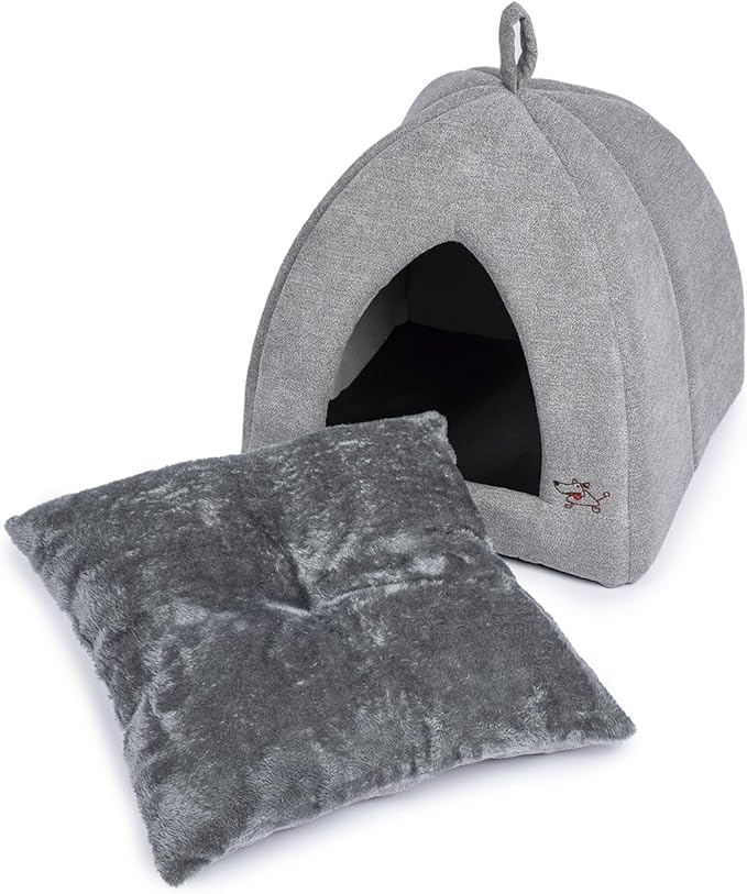 Gray pet tent bed with front opening and removable cushion, plus extra cushion on the side