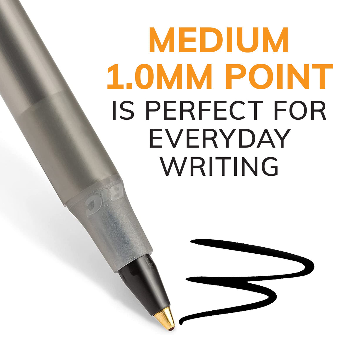 Black ballpoint pen with medium 1.0mm tip and gold point, writing stroke.