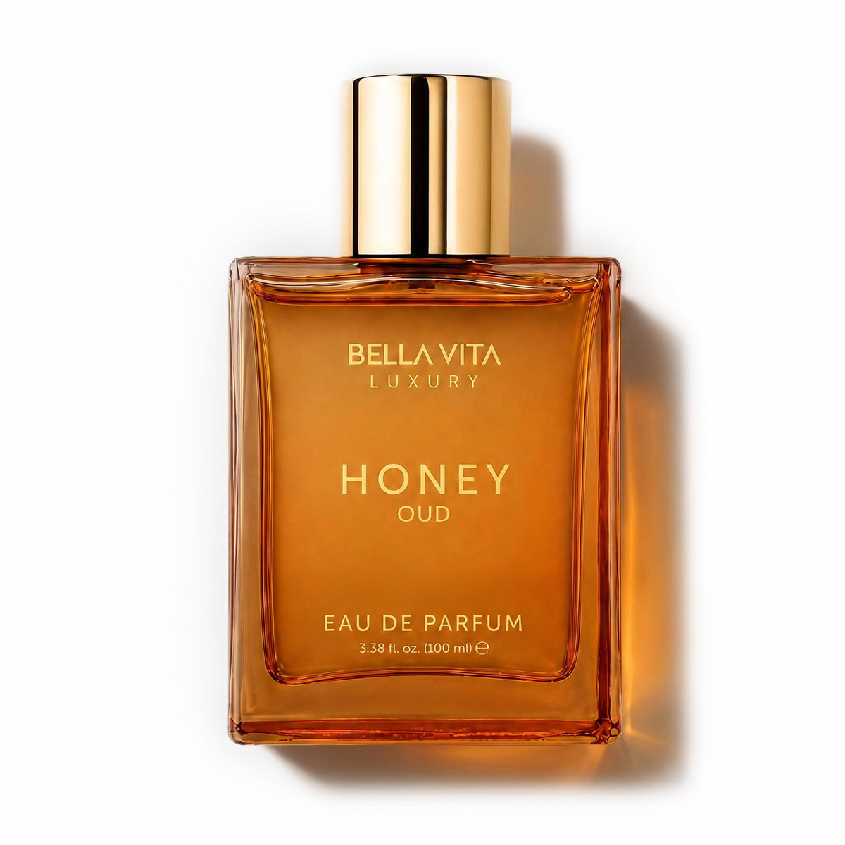 Bellavita Luxury eau de parfum bottle, amber glass with gold cap